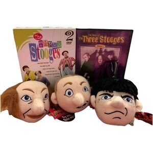 The Three Stooges Bundle- Vintage 1997 Knucklehead 4" Plush Beanie Heads + DVDS